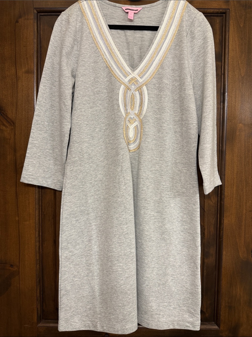 Lilly Pulitzer Light Gray Midi Dress with Gold-Trim V-Neck